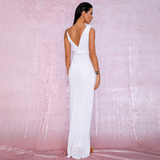 White Deep V-Neck Sequins Party Maxi Dress