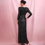 Black V-Neck Draped Elastic Sequins Long Party Dress