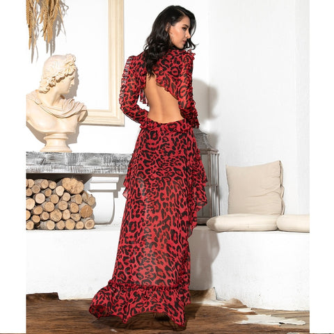 Cut Out Red Leopard Chiffon Dress