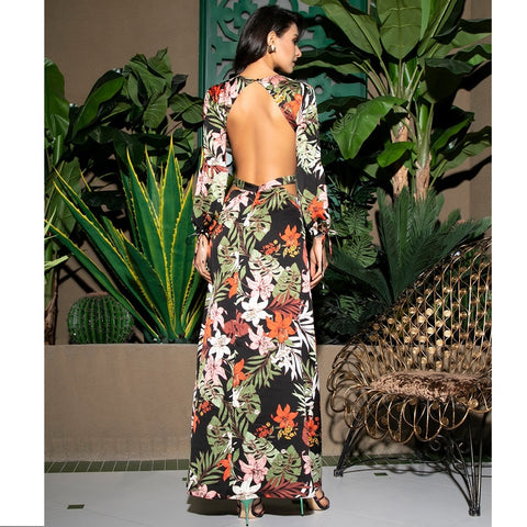 Cut Out Floral Beach Dress - Black