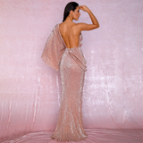 Rose Gold V-Neck Single Sleeve Sequins Split Party Maxi Dress