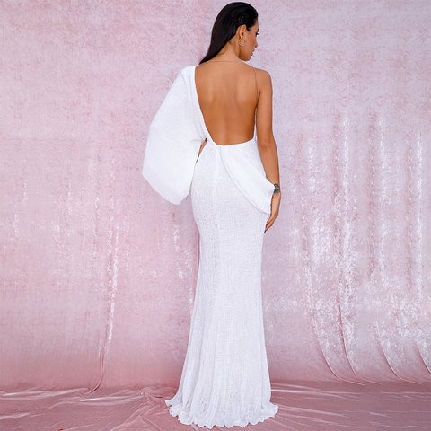 White V-Neck Sequins Split Long Party Dress