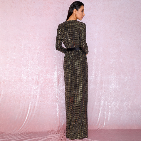 Gold V-Neck Cross Fit Long sleeve Sequins Long Dress