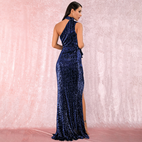 Navy Halter Strapless Ruffled Sequins Sleeveless Dress