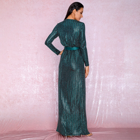 Green Gold Deep V-Neck Cross Fit Long Sleeve Sequins Dress