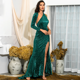 Green Open Elastic Sequin Long Party Dress