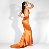 Orange Deep V-Neck Open Back Slim Long Dress