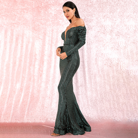 Open Shoulder Green Sequins Party Maxi Dress
