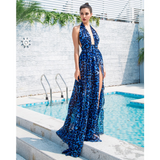 Blue Leopard Print Chiffon Long Dress