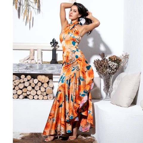 Orange Cross Straps Floral Long Dress