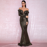 Open Shoulder Gold Sequins Long SLeeve Party Dress