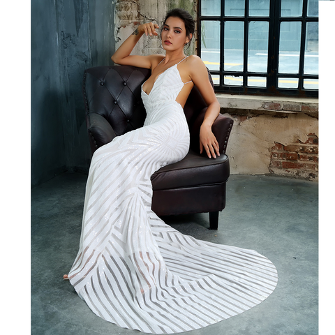 Open Back White Geometry Sequins Long Dress