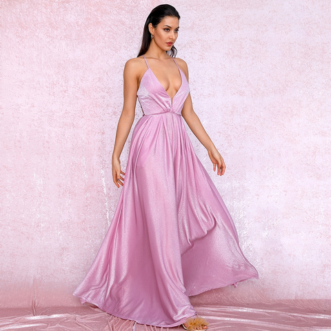 Pink Sexy Backless Cross Back Maxi Dress