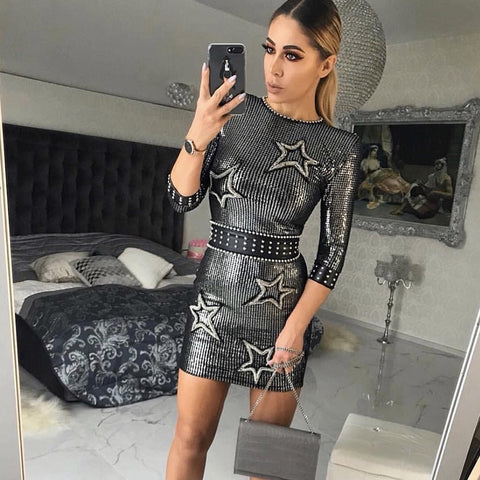Star Print Silver Sequin Dress