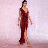 Deep Red V-Neck Sequins Party Maxi Dress