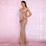 One shoulder Ruffle Stitch Rose Gold Glitter Maxi Dress