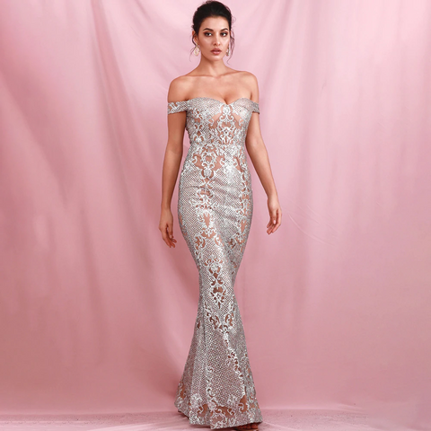 Silver Strapless Glitter Glued Maxi Dress