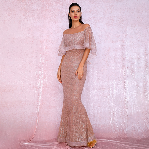 Rose Gold Cloak Style Glitter Glued Party Dress