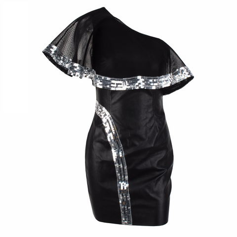 Black Ruffle Faux Leather Dress