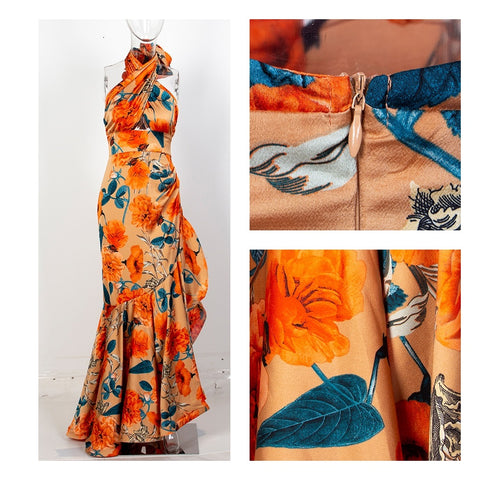 Orange Cross Straps Floral Long Dress
