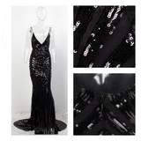 Black V-Neck Open Back Geometry Sequins Long Dress
