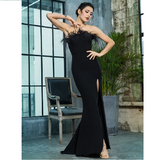 Black Strapless Cut Out Feather Long Dress