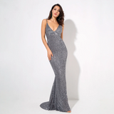 Grey Deep V-Neck Sequin  Long Dress