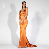 Orange Deep V-Neck Open Back Slim Long Dress
