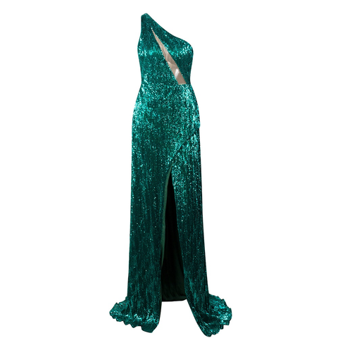 Green One shoulder cut Out Sequin Long Dress