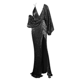 Black V-Neck Single Sleeve Split Party Long Dress