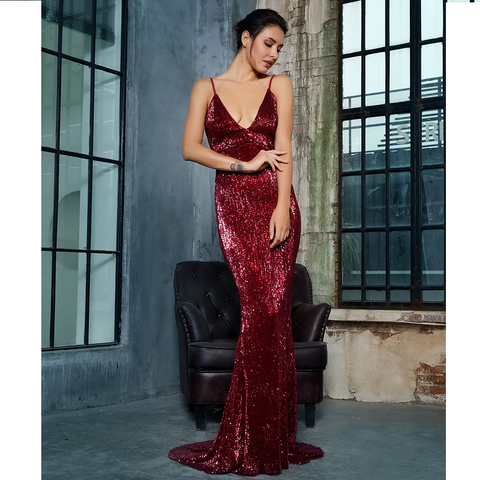 Wine Red Fishtail Sequins Long Dress