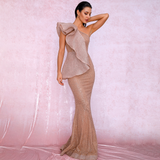 One shoulder Ruffle Stitch Rose Gold Glitter Maxi Dress
