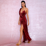 Deep Red V-Neck Sequins Party Maxi Dress