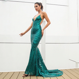 Green Deep Geometry Sequins Long Dress