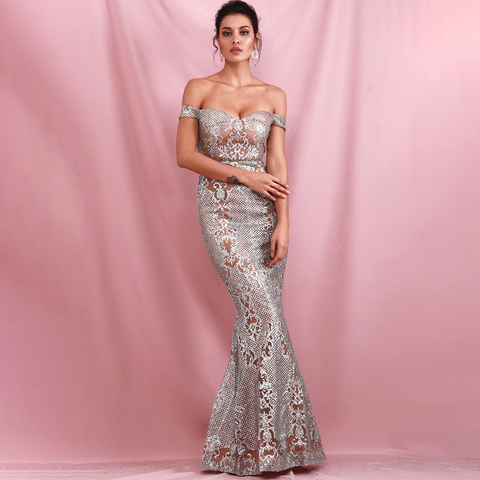 Silver Strapless Glitter Glued Maxi Dress