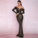 Open Shoulder Gold Sequins Long SLeeve Party Dress