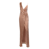 Rose Gold Deep V-Neck Split Sequins Long Party Dress