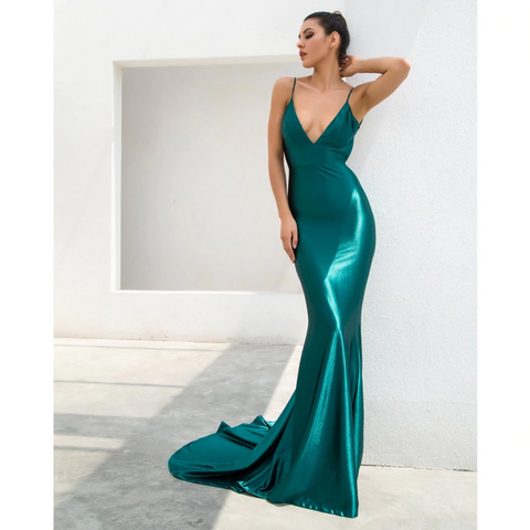 Green V-Neck Plain & Flashy Gown