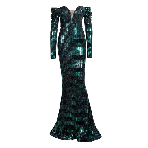 Open Shoulder Green Sequins Party Maxi Dress