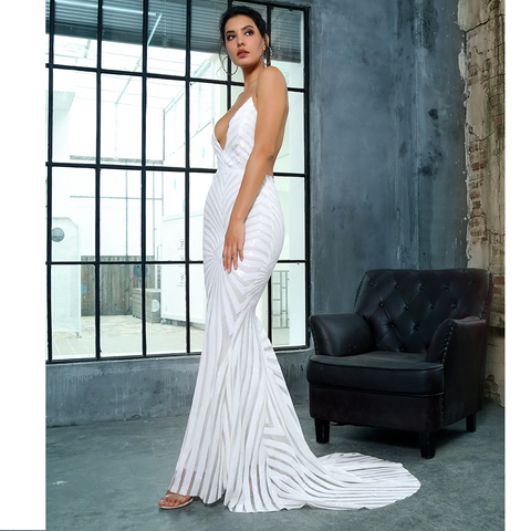 Open Back White Geometry Sequins Long Dress
