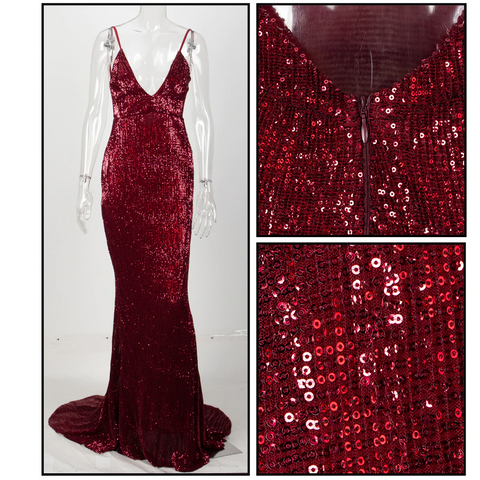 Wine Red Fishtail Sequins Long Dress