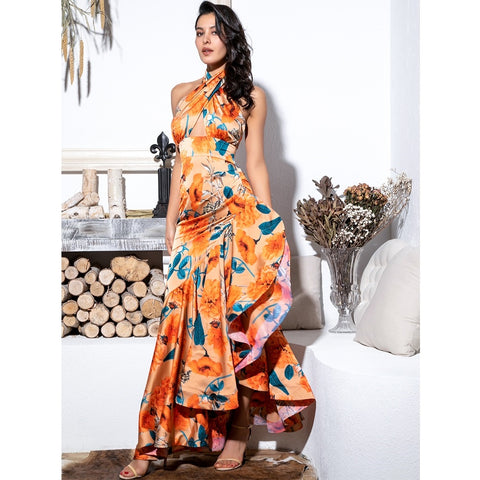 Orange Cross Straps Floral Long Dress