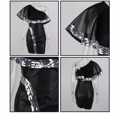 Black Ruffle Faux Leather Dress