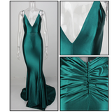 Green V-Neck Plain & Flashy Gown