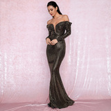Open Shoulder Gold Sequins Long SLeeve Party Dress