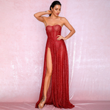 Red Strapless Tube Top Glitter Material Split Poncho Maxi Dress