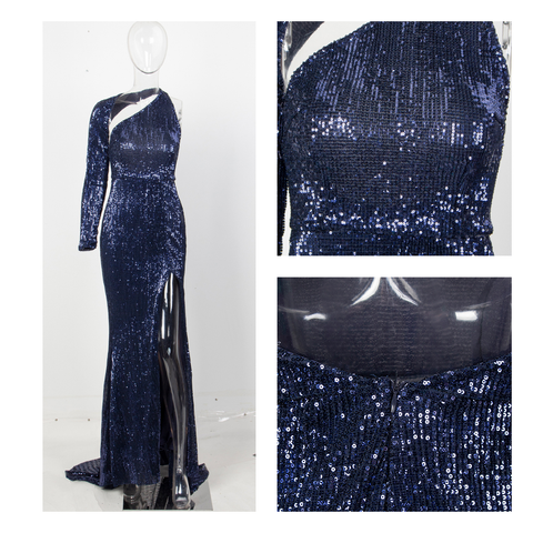 Navy Blue Sequined Bodycon Long Dress