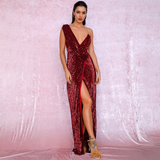 Deep Red V-Neck Sequins Party Maxi Dress