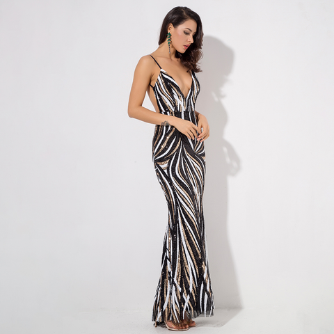 Open Back Stripe Sequins Long Dress