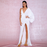 White V-Neck Sequins Split Long Party Dress